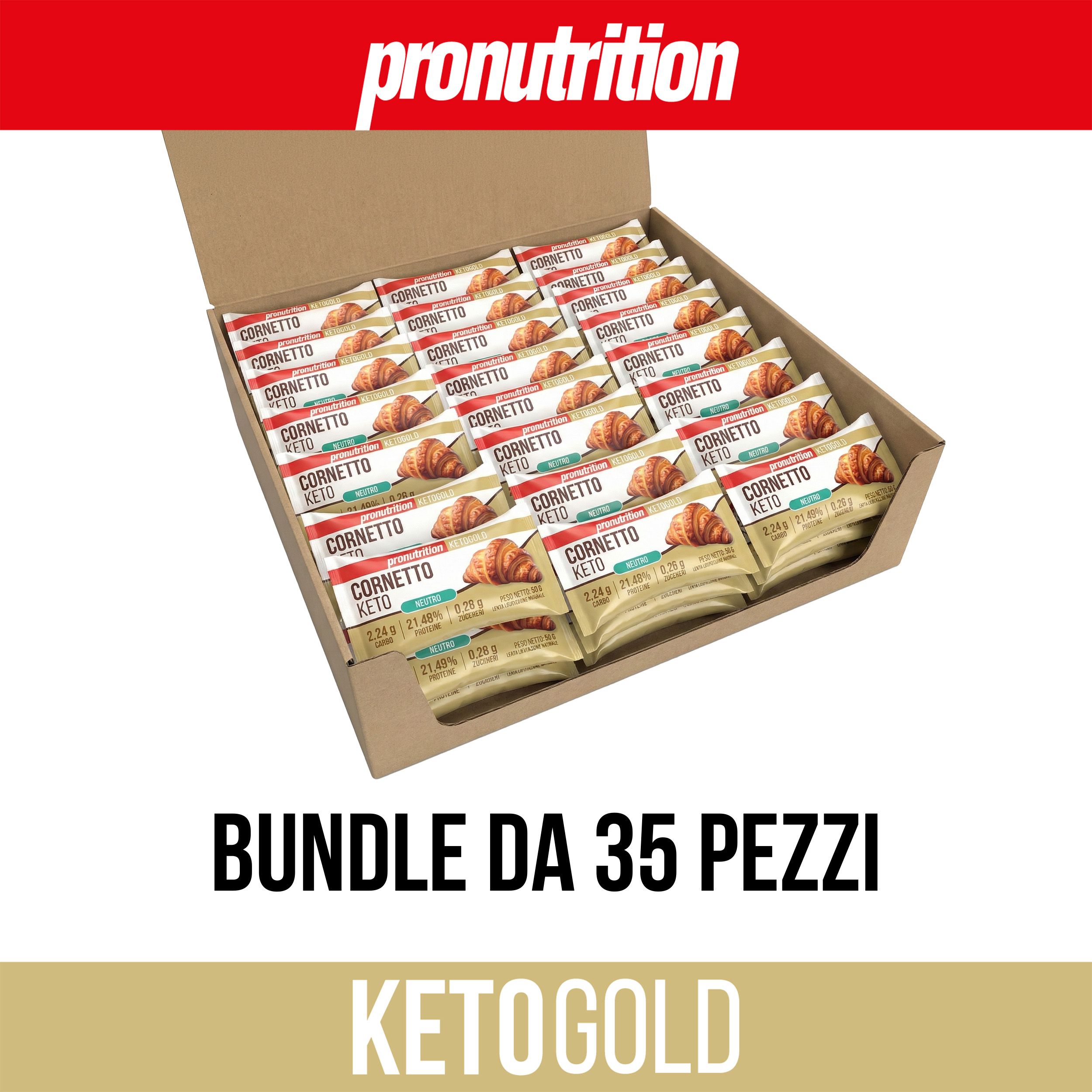 Scatola con 35 Cornetto Keto confezionati singolarmente. Marchio Pronutrition. Scritta: Bundle da 35 pezzi. Keto Gold.