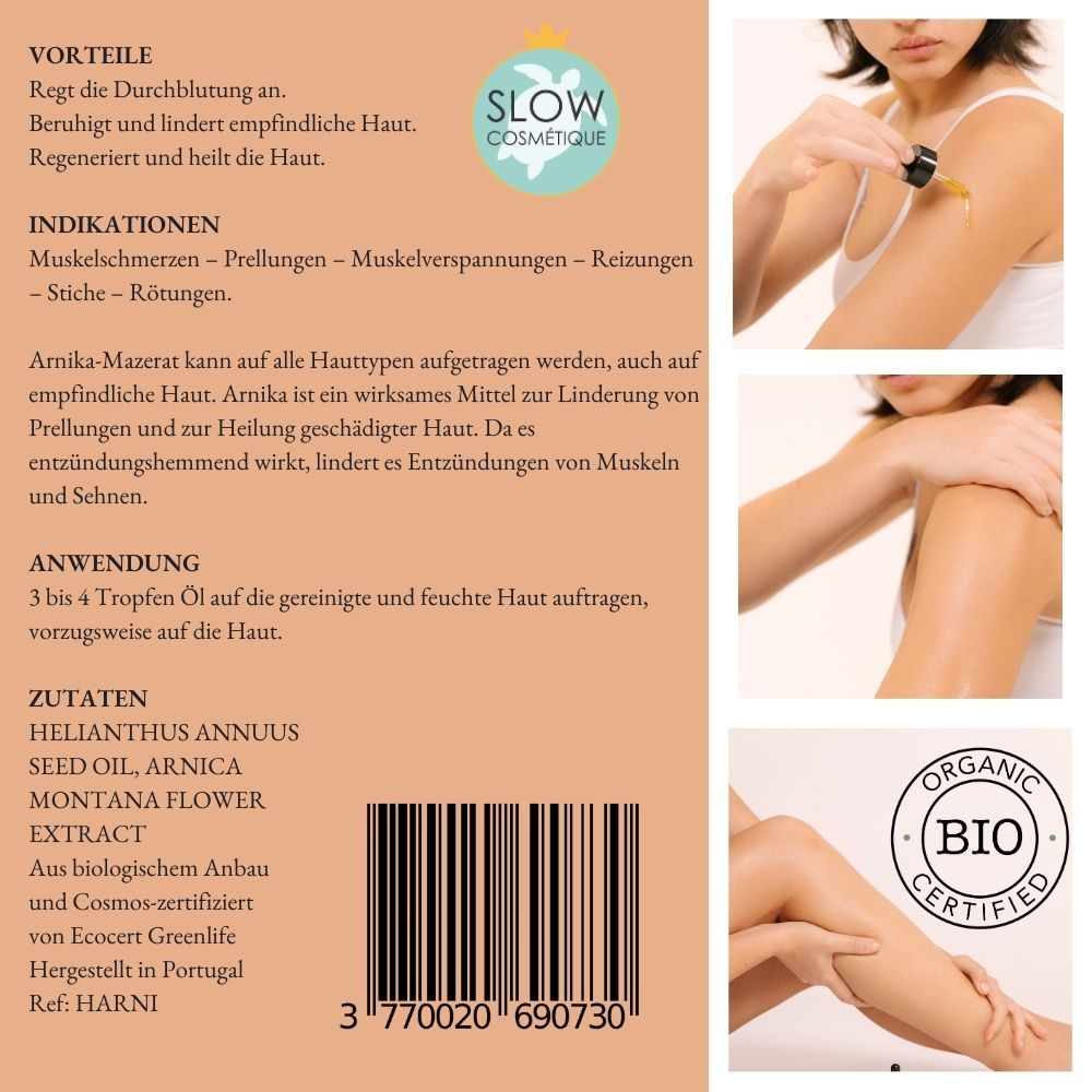 Etichetta con testo e illustrazioni. Scritta: SLOW COSMETIQUE, certificazione bio, 50 ml. Con codice a barre.