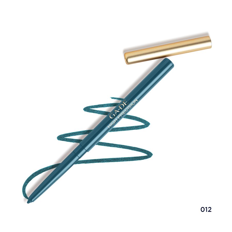 Eyeliner blu con cappuccio dorato e tratto. Scritta: Ga-De High Precision.