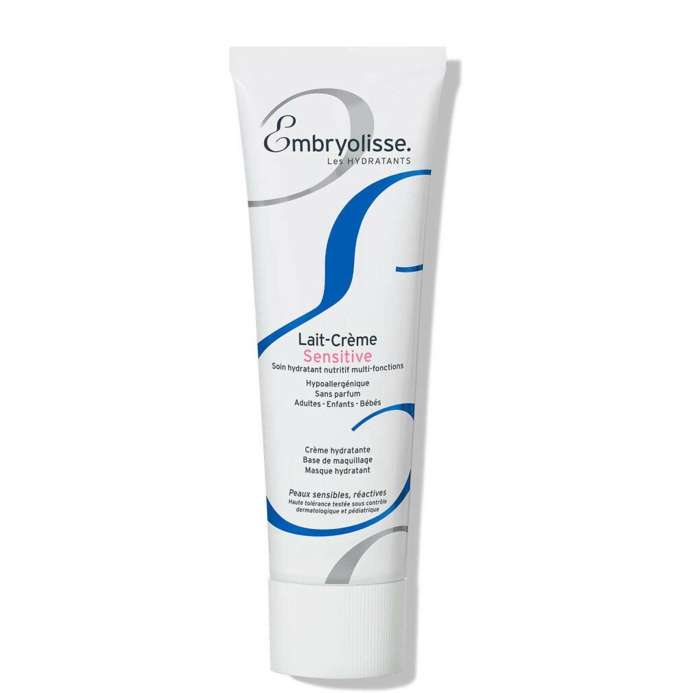 Tubo bianco con grafica blu e grigia. Scritta: Embryolisse Lait-Crème Sensitive. Testo in francese.
