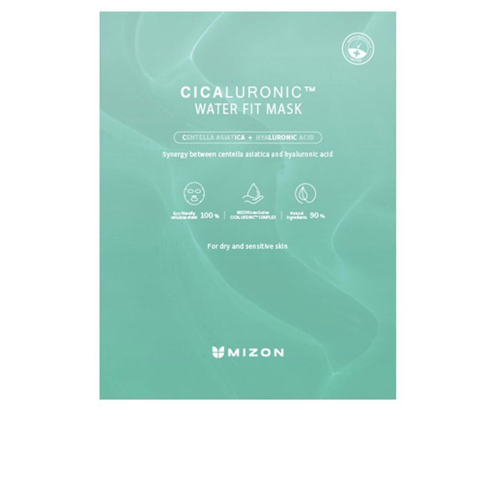 Confezione maschera turchese. Scritta: Cicaluronic Water Fit Mask. Marchio: Mizon. Per pelli secche e sensibili.
