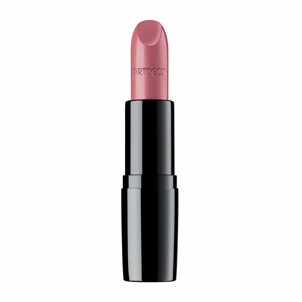 Rossetto Artdeco Perfect Color. Rosa in astuccio nero. Nome del prodotto visibile.