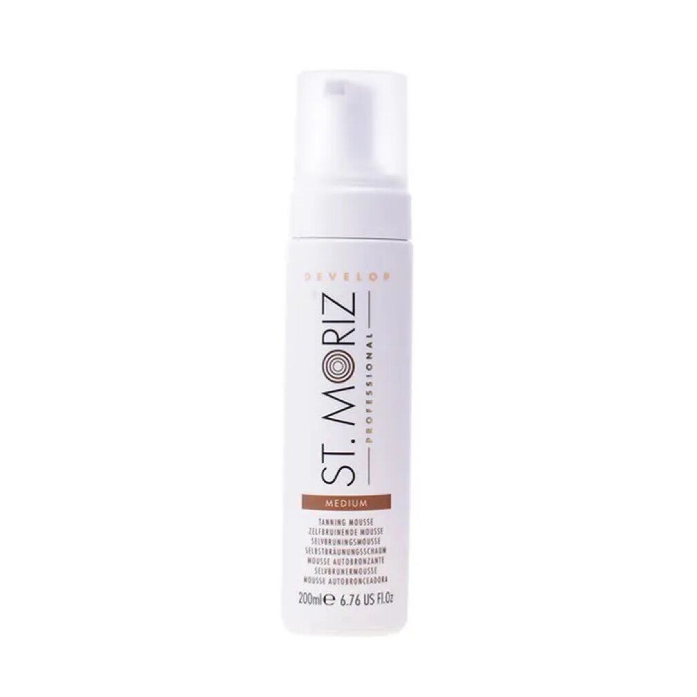 Flacone bianco con erogatore. Scritta: St. Moriz Professional, Medium, mousse autoabbronzante. 200ml.