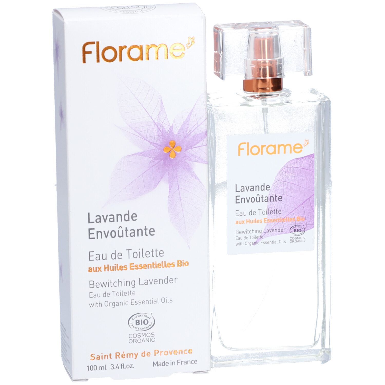 Flacone e scatola con logo e nome del prodotto. Scritta: Lavande Envoûtante, Eau de Toilette, Bio.
