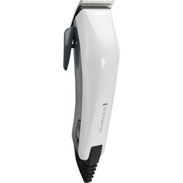 Tagliacapelli bianco con impugnatura nera. Marchio Remington. Vista laterale.