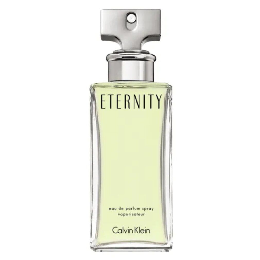 Flacone Eternity Eau de Parfum Spray di Calvin Klein. Tappo argentato. Scritte: Eternity, Calvin Klein.