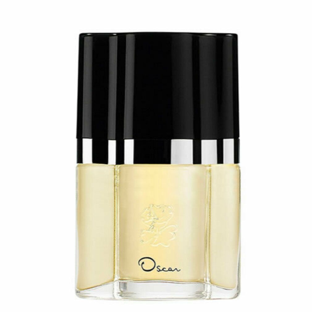 Flacone di profumo con tappo nero. Scritta "Oscar". Contenuto chiaro e giallastro. Forma angolare.