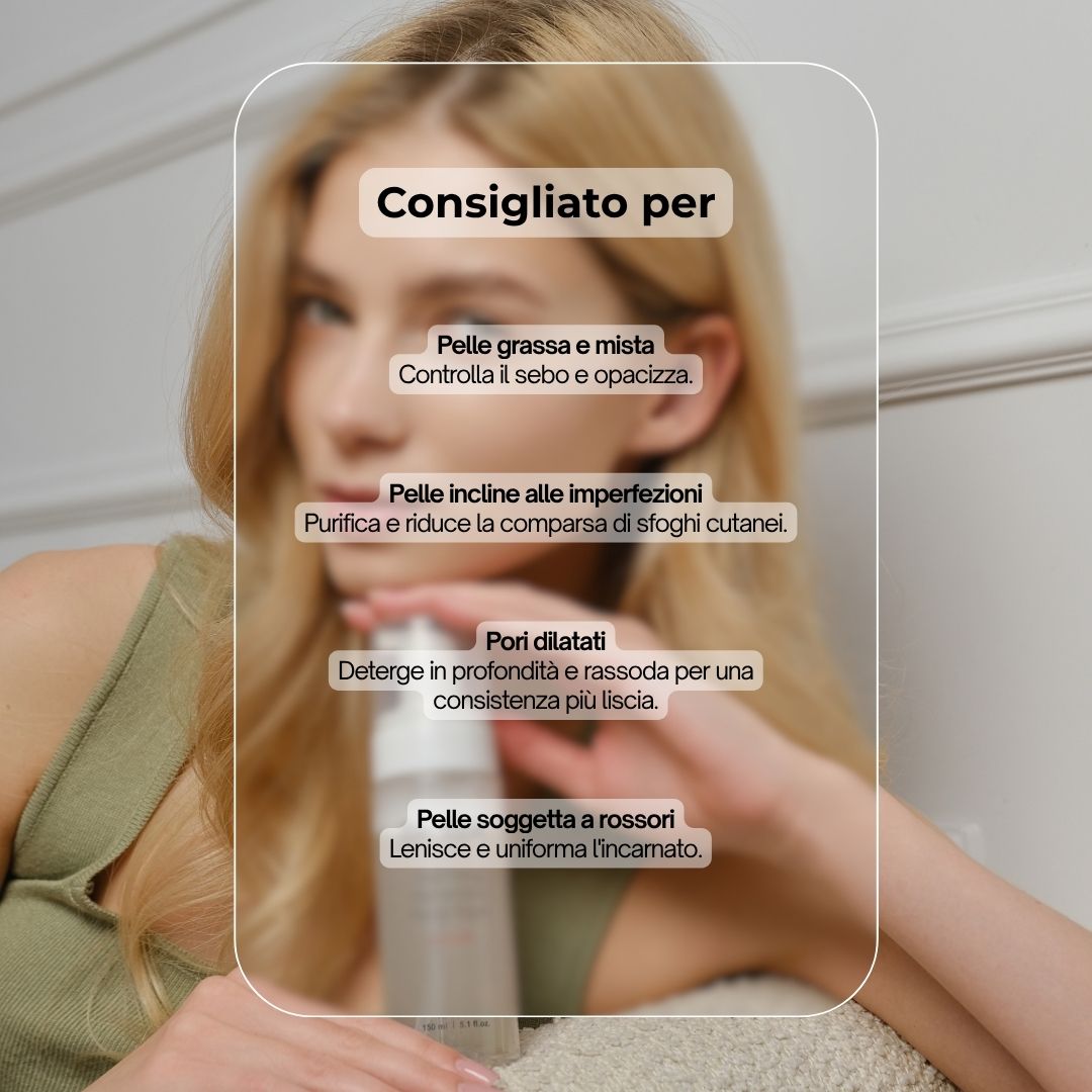 Prodotto con erogatore bianco. Testo: Dr. SEA, Mattifying Hamamelis Facial Foam. Consigliato per vari tipi di pelle.