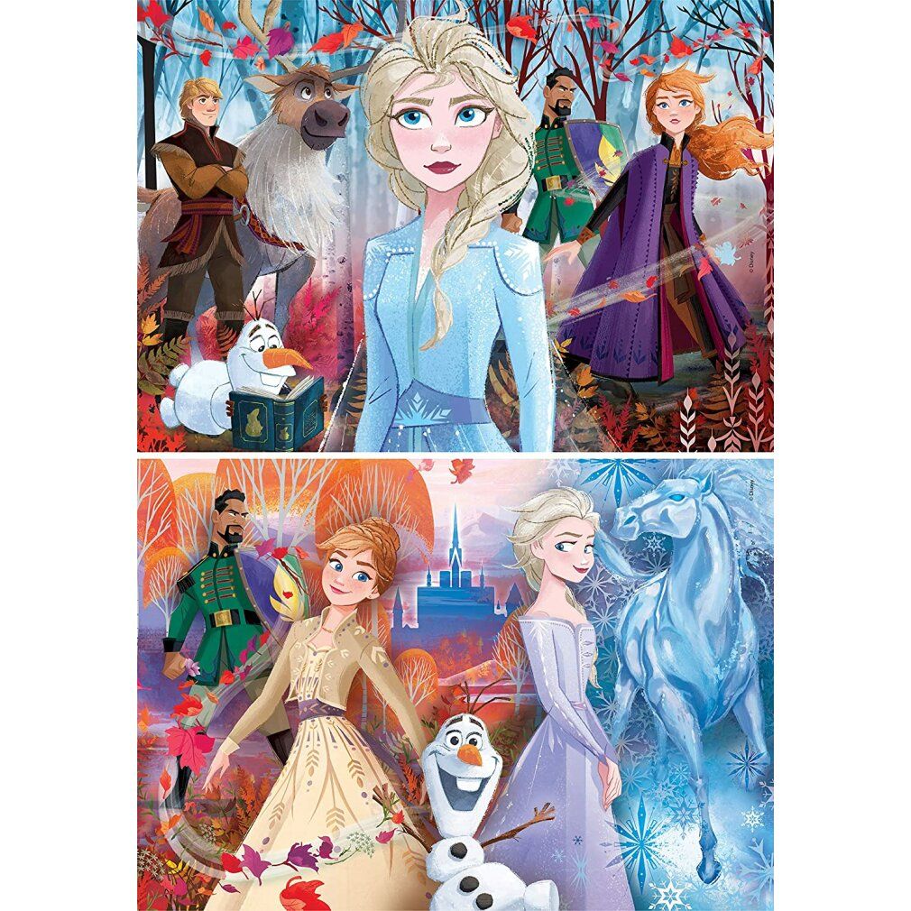 Due puzzle con immagini di Frozen 2. Ogni puzzle mostra personaggi. Età: 3+. Marchio Clementoni.