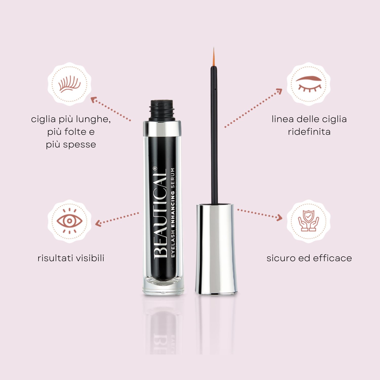 Siero per ciglia BEAUTICAL. Flacone nero con applicatore. Tappo argentato. Vantaggi.