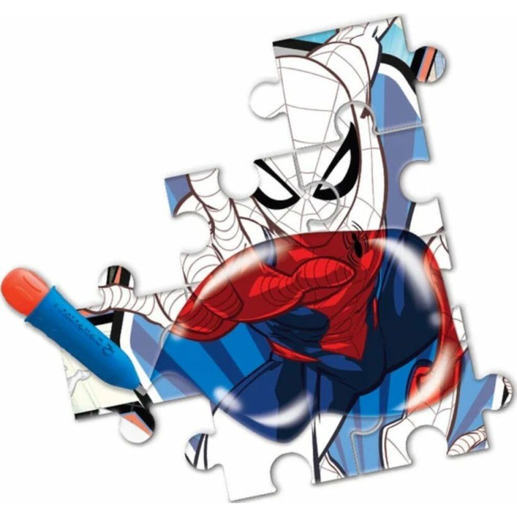 Tassello di puzzle con illustrazione di Spiderman. Penna blu appoggiata sul tassello. Parte di un puzzle Water Magic.