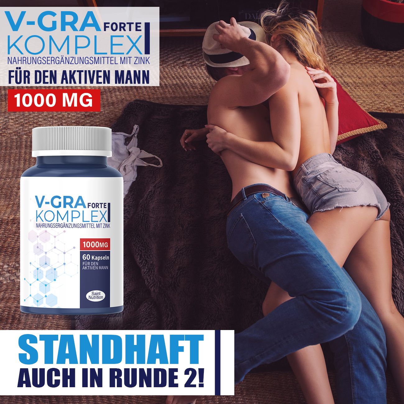Flacone del prodotto con coppia. Testo: V-GRA Forte Komplex, 1000 mg, 60 capsule. Testo aggiuntivo: Resistente anche al secondo round!