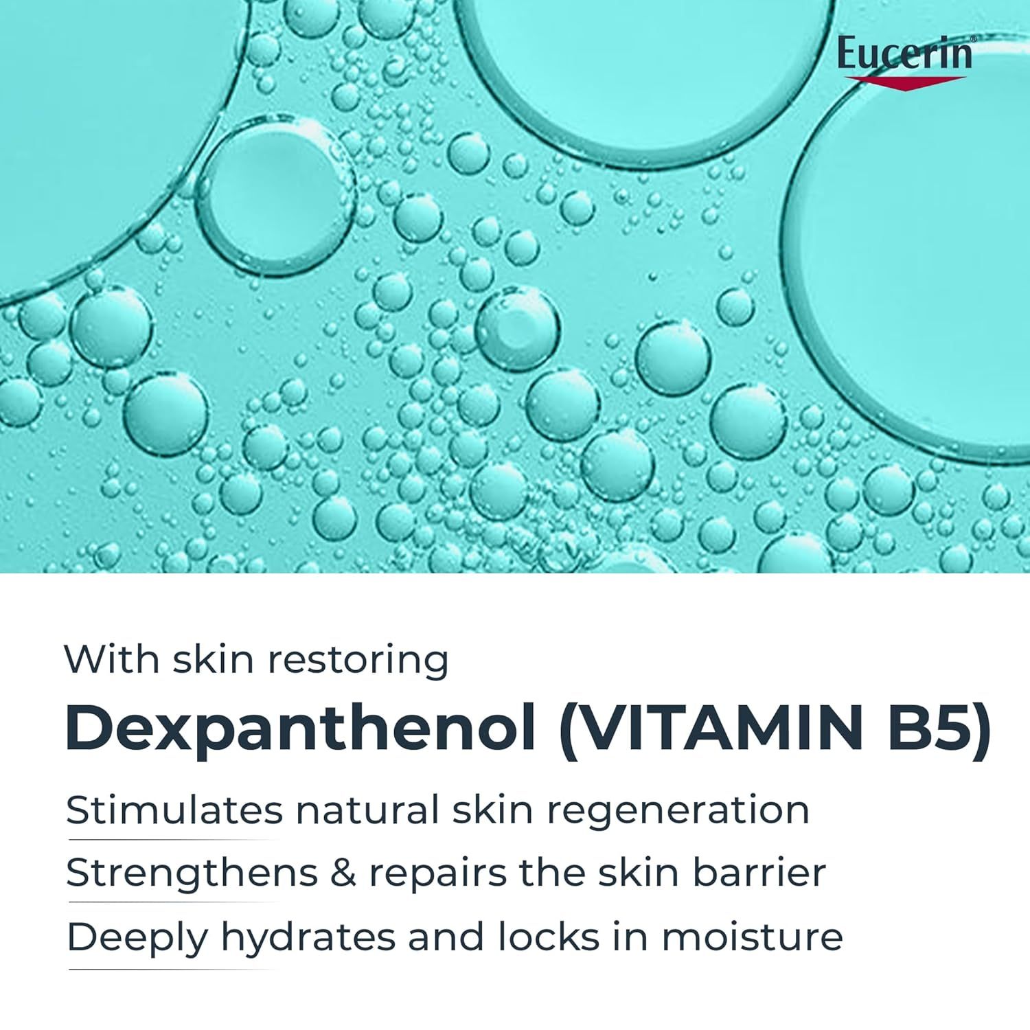 Liquido blu con bolle. Testo: Dexapanthenol (VITAMIN B5). Stimola la rigenerazione naturale della pelle. Rafforza e ripara la barriera cutanea.