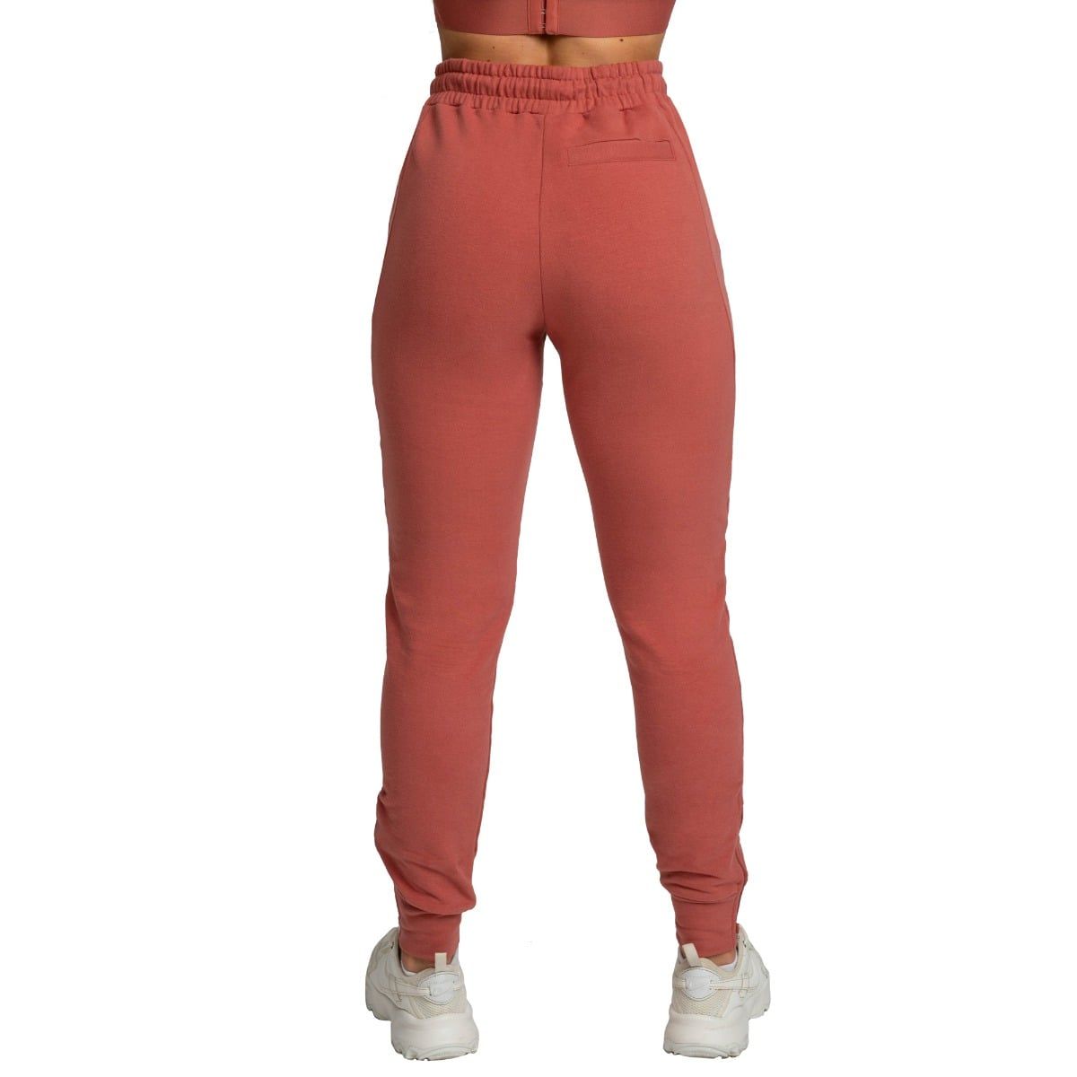 Vista posteriore dei pantaloni da jogging da donna color cannella, taglio slim.