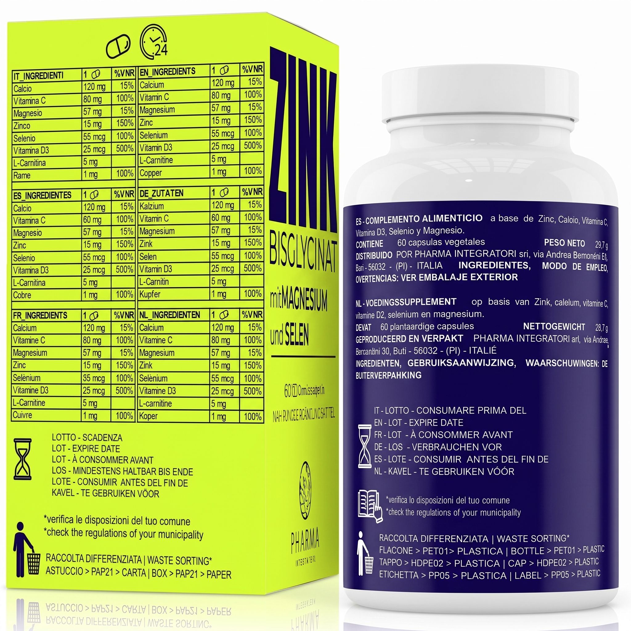 Flacone e scatola di Zinco Bisglicinato con magnesio, vitamina C, selenio, vitamina D3, rame e calcio.