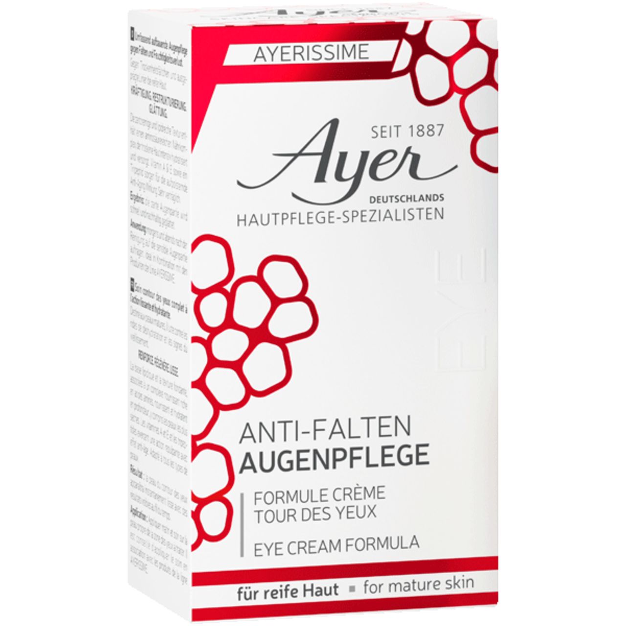 Confezione crema occhi Ayer. Scritta: Anti-Falten Augenpflege, Eye Cream Formula. Per pelli mature.