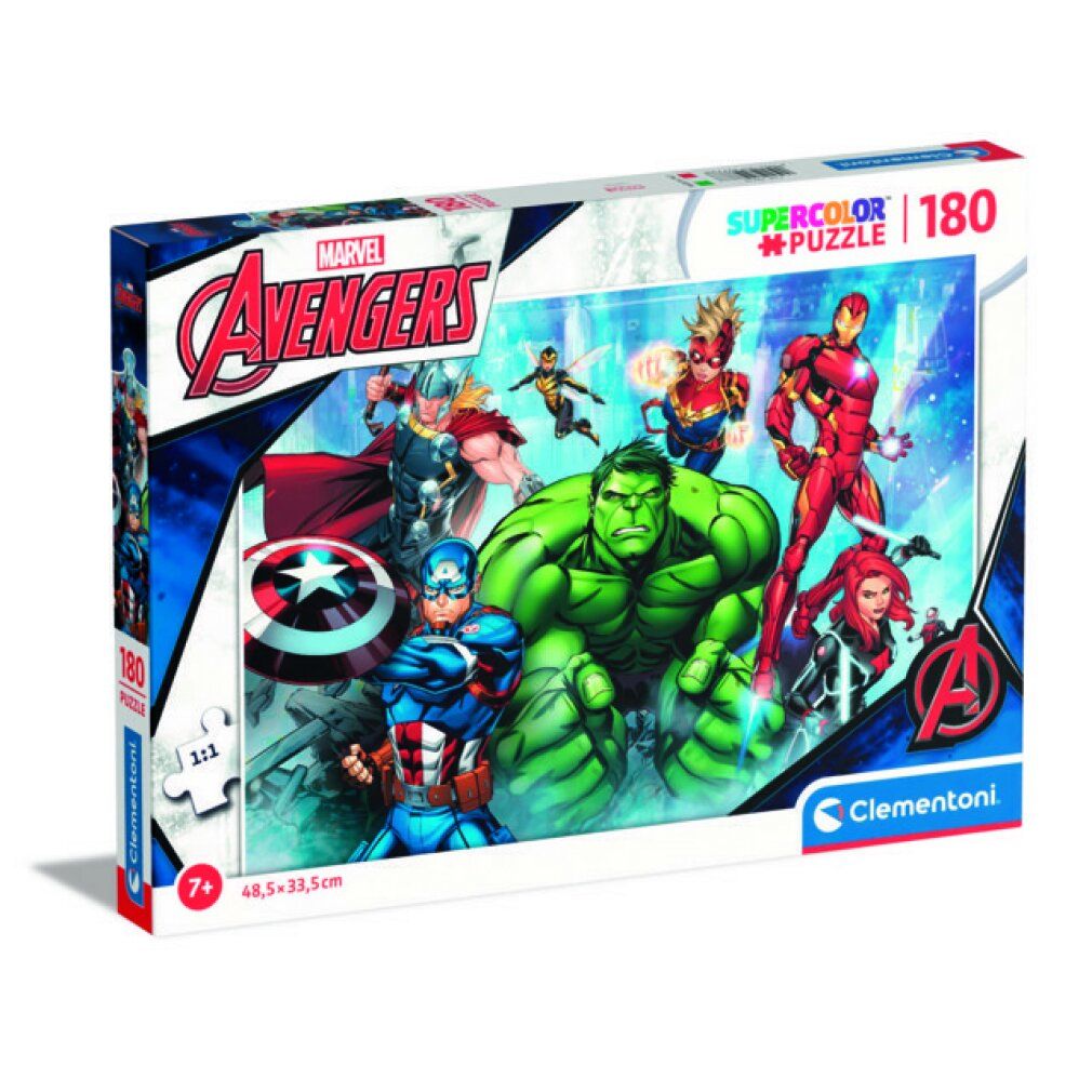 Scatola puzzle Avengers. Contiene 180 pezzi. Stampa con personaggi Avengers. Marchio: Clementoni. Età consigliata: 7+. Dimensioni: 48,5x33,5 cm.