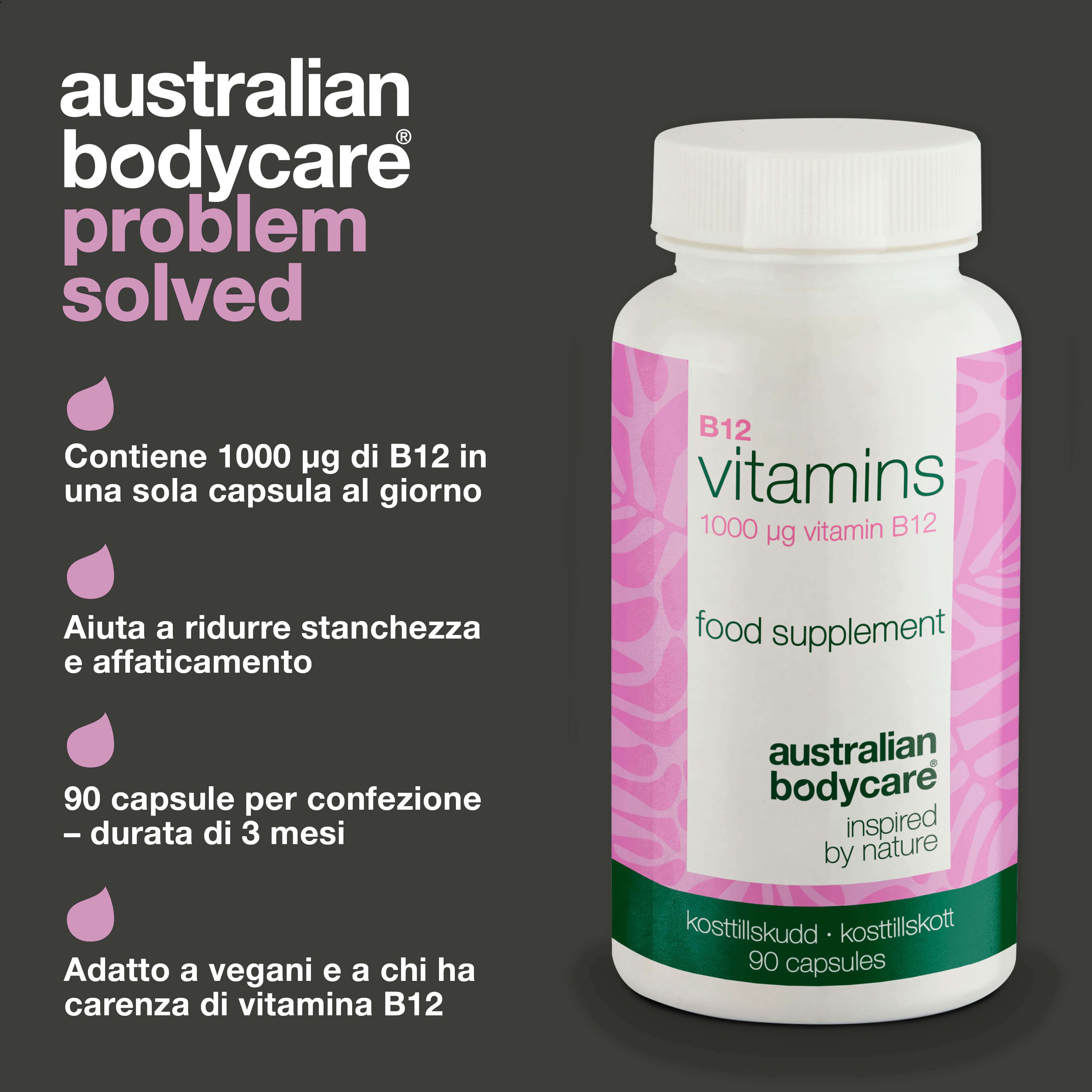 Flacone B12, 1000 µg, 90 capsule. Testo: Contiene 1000 µg B12 per capsula. Riduce la stanchezza. Adatto ai vegani. Australian Bodycare.