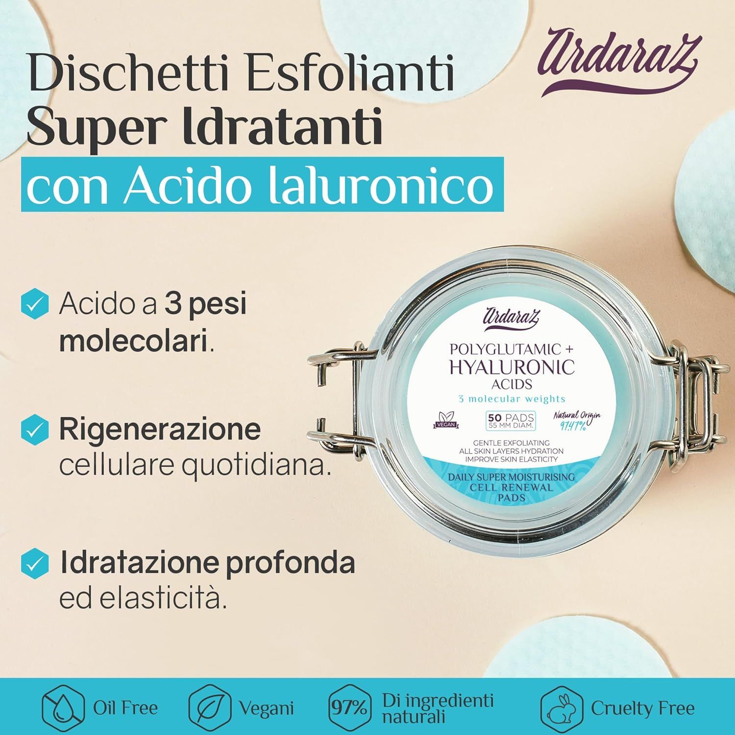 Vaso con pads, testo "Ardaraz", "Acido Ialuronico". Scritta: "Rinnovamento cellulare quotidiano".