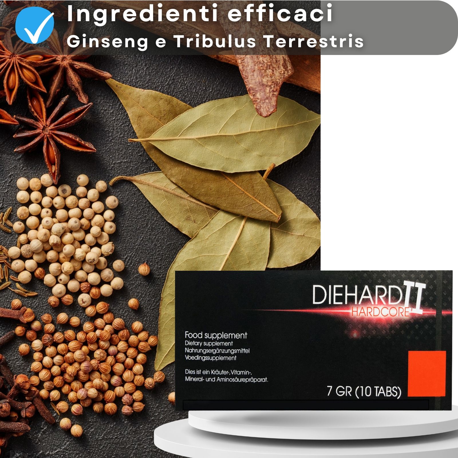 Confezione del prodotto e ingredienti. Scritta: DIEHARD II HARDCORE, 7 GR (10 TABS). Spezie ed erbe.
