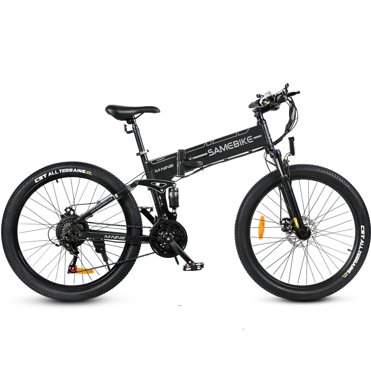 Bicicletta elettrica nera piegata. Ruote, sella, manubrio e batteria visibili. Marchio SAMEBIKE.