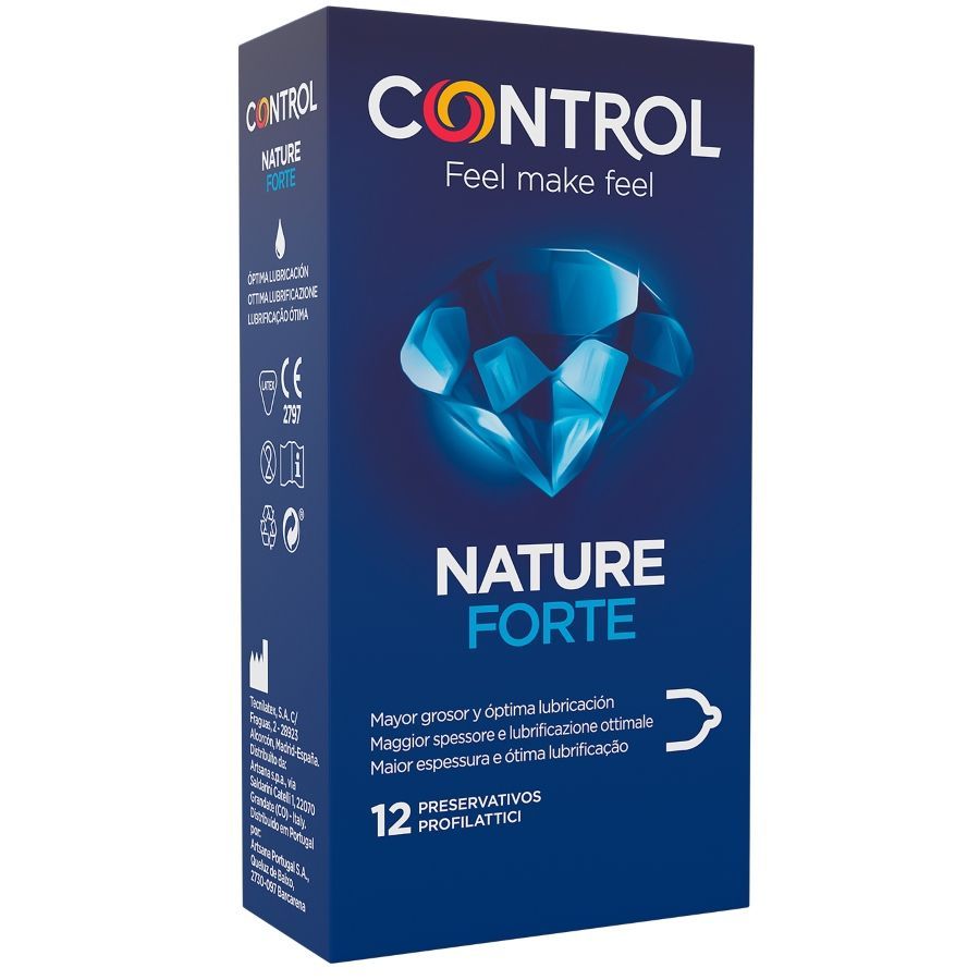 Confezione di preservativi Control Nature Forte, 12 pezzi, scatola blu con simbolo diamante.