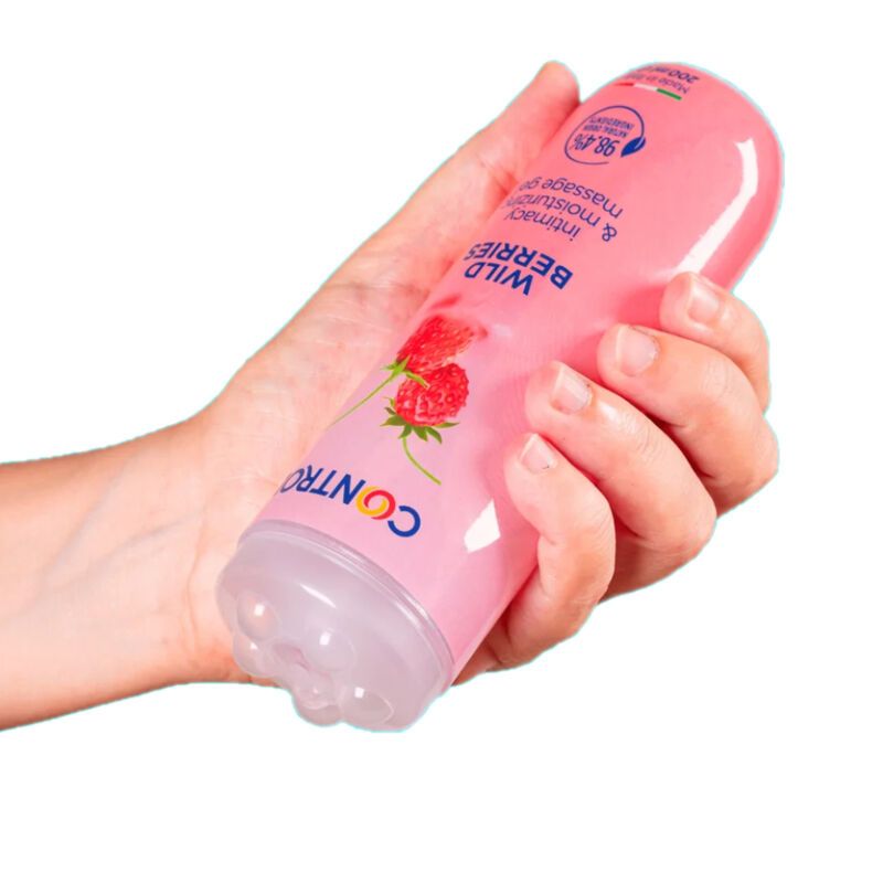 Primo piano del tappo massaggiante del flacone Control Gel massaggio Wild Berries.