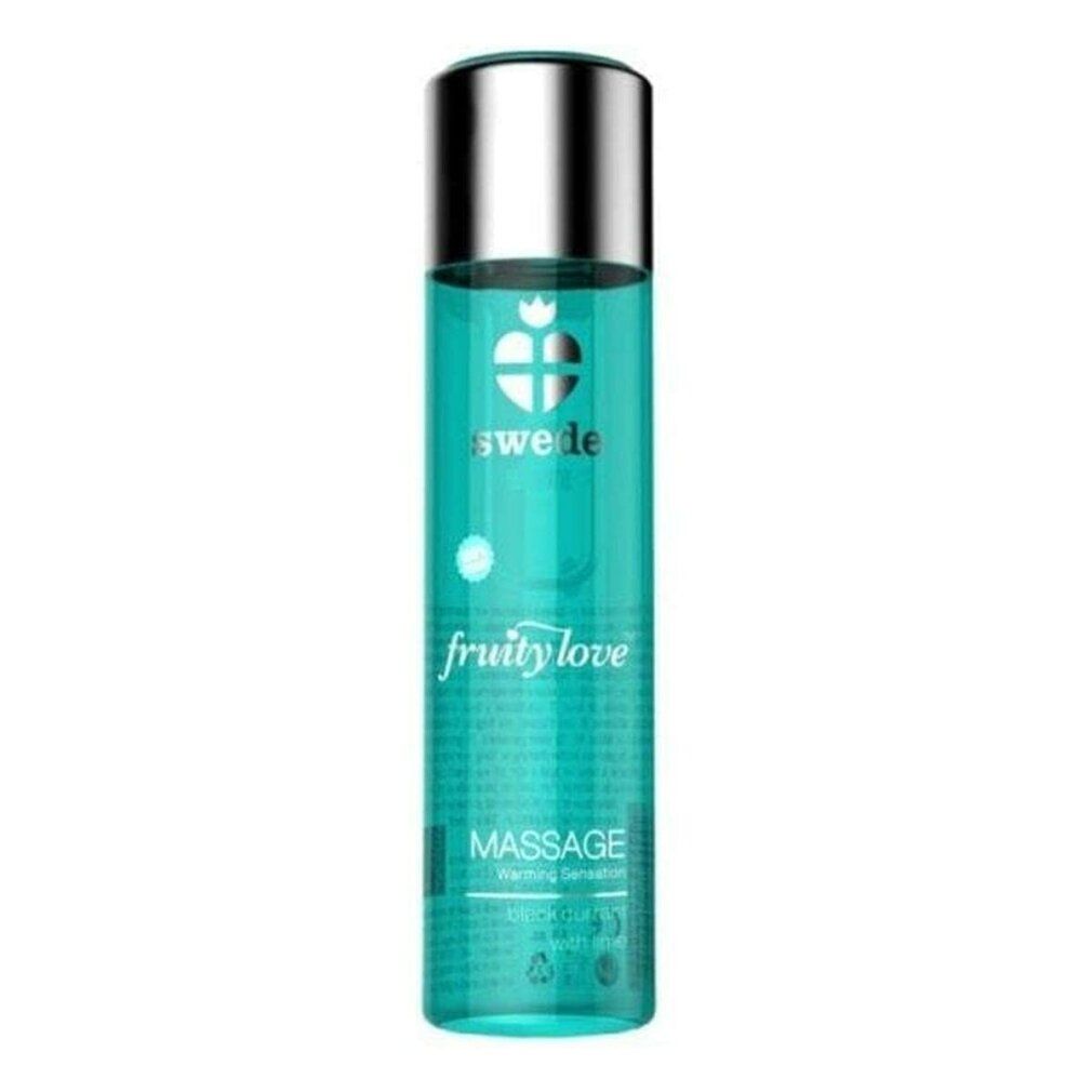 Flacone cilindrico con tappo argentato. Scritte: swede, fruity love, Massage. Liquido turchese.