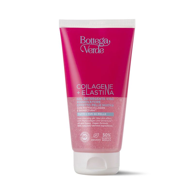 Tubo rosa con tappo bianco. Testo: Bottega Verde, Collagene + Elastina, Gel detergente viso rinnovatore. Vegan.