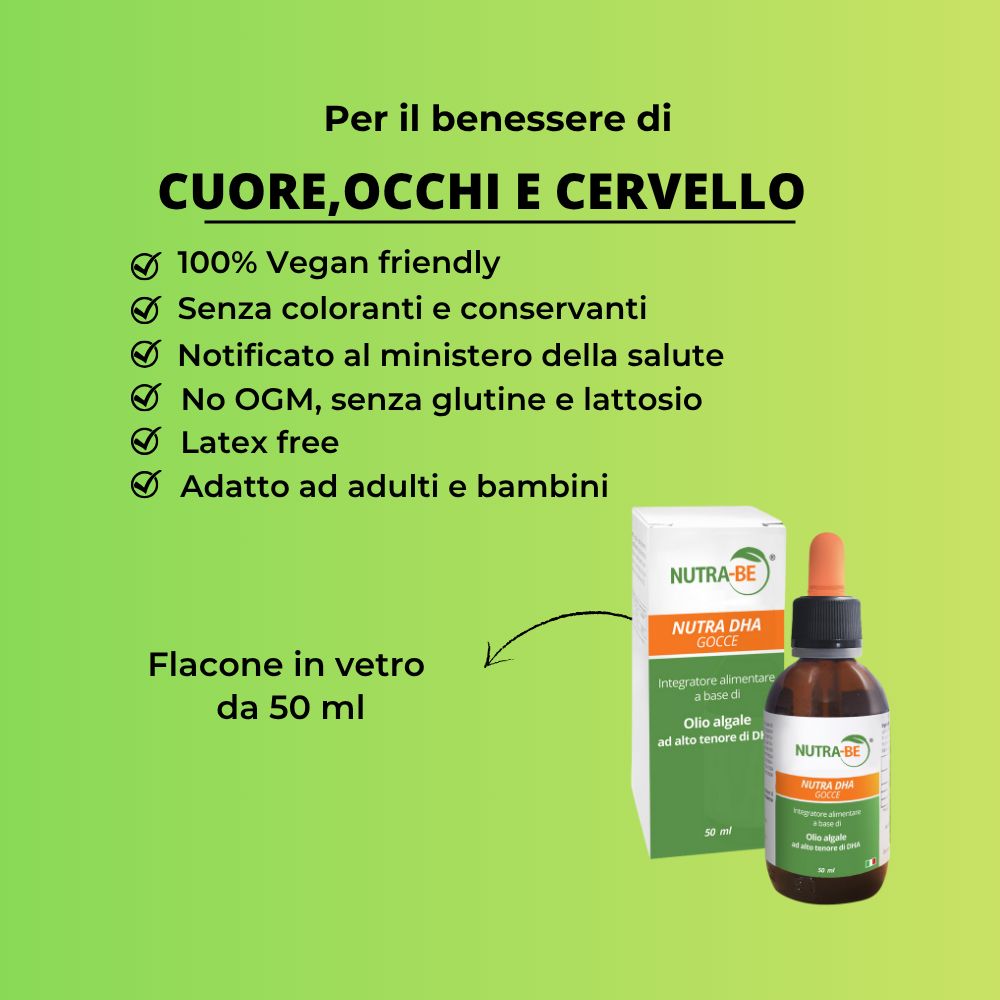 Flacone e confezione del prodotto con testo. Testo: Per il benessere di cuore, occhi e cervello. 100% vegano, senza coloranti, senza conservanti.