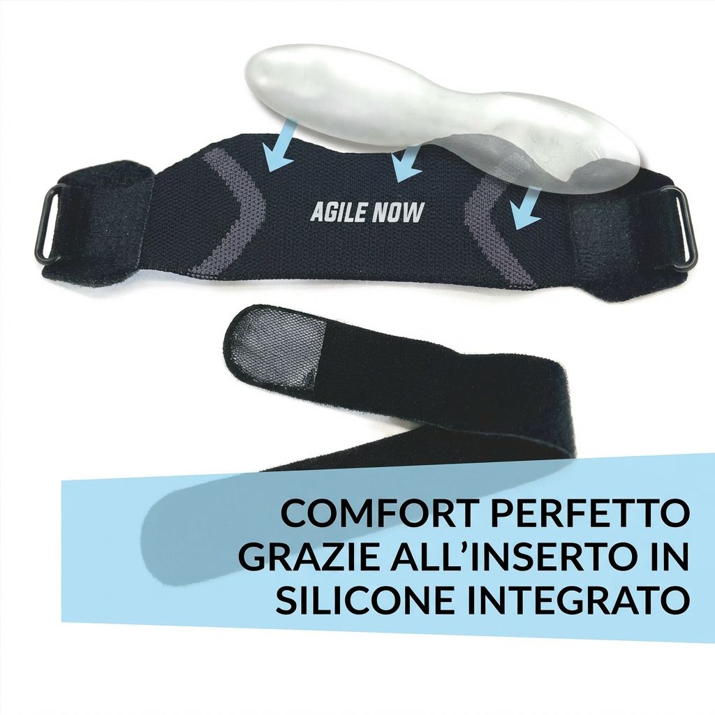 Ginocchiera nera con inserto in silicone. Testo: AGILE NOW. Scritta: COMFORT PERFETTO GRAZIE ALL'INSERTO IN SILICONE INTEGRATO.