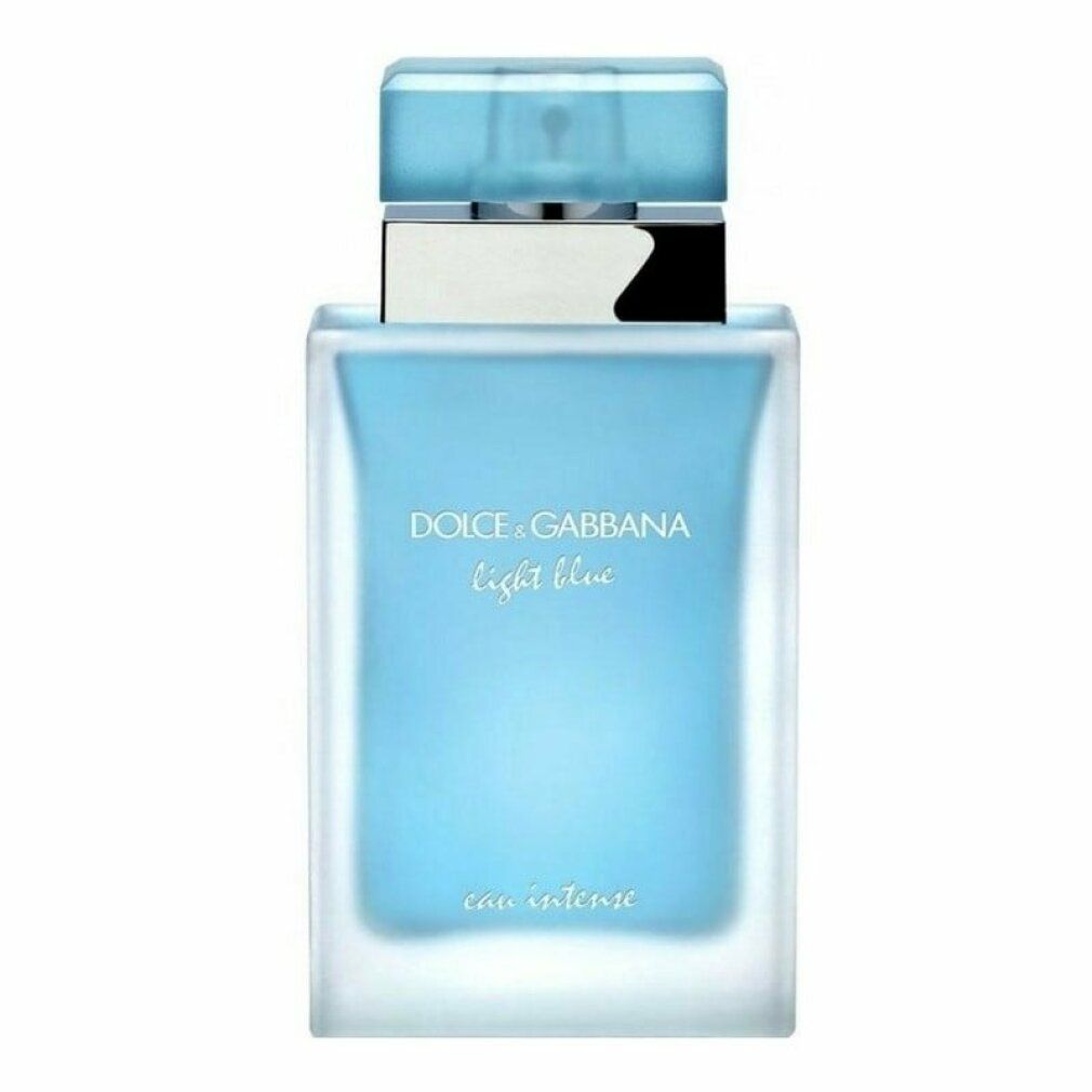 Flacone di profumo azzurro chiaro di forma quadrata. Tappo argentato, accento nero. Scritta: DOLCE & GABBANA light blue eau intense.
