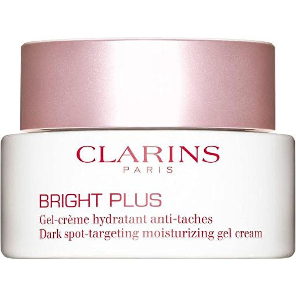 Vasetto bianco con coperchio rosa. Scritta: Clarins Paris, Bright Plus, Gel-Crème hydratant anti-taches, Dark spot-targeting moisturizing gel cream.