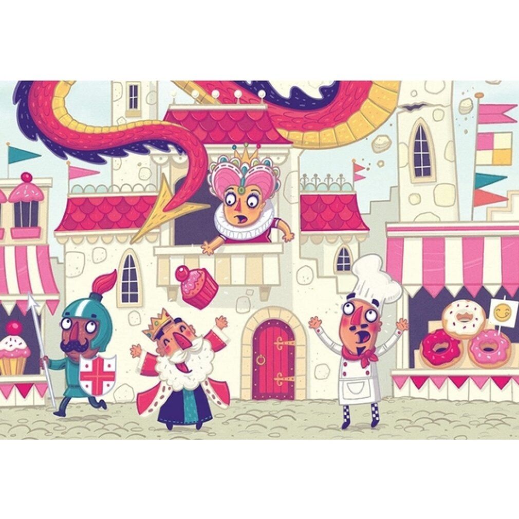 Soggetto del puzzle: castello, personaggi, ciambelle. Re, cuoco, cavaliere. Senza confezione.