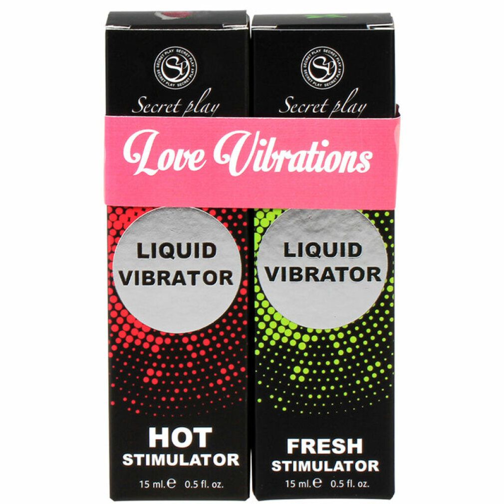 Due scatole nere con logo "Secret Play Love Vibrations". Scritte: "Liquid Vibrator", "Hot Stimulator" e "Fresh Stimulator".