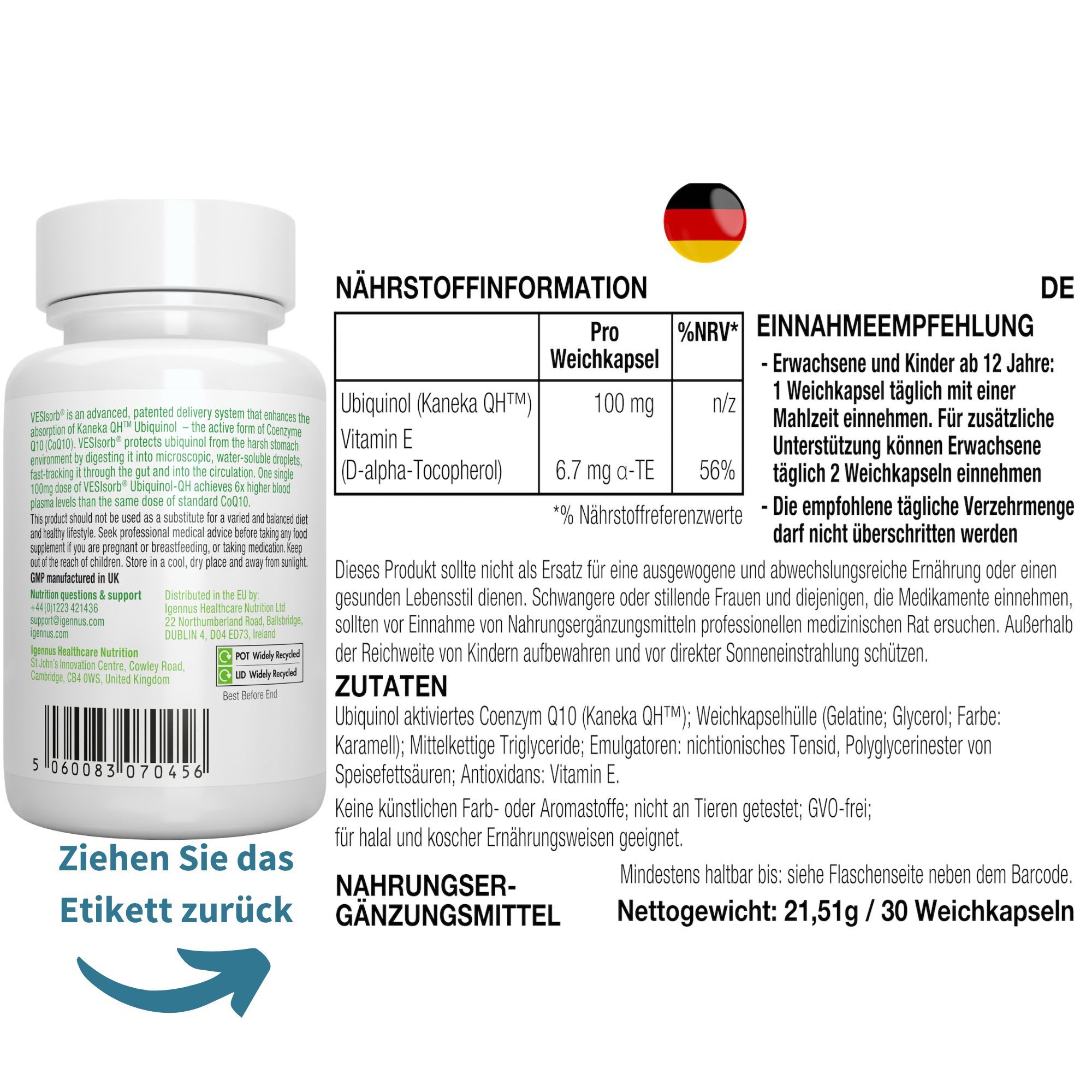 Retro di un contenitore Igennus Ubiquinol-QH con informazioni nutrizionali e modalità d'uso.
