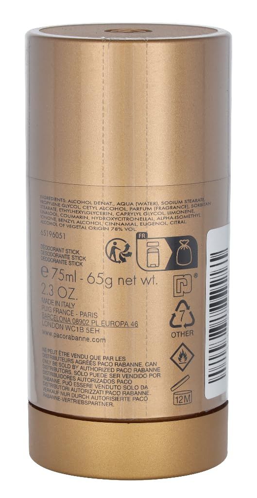 Stick deodorante dorato. Retro con ingredienti, informazioni e codice a barre.