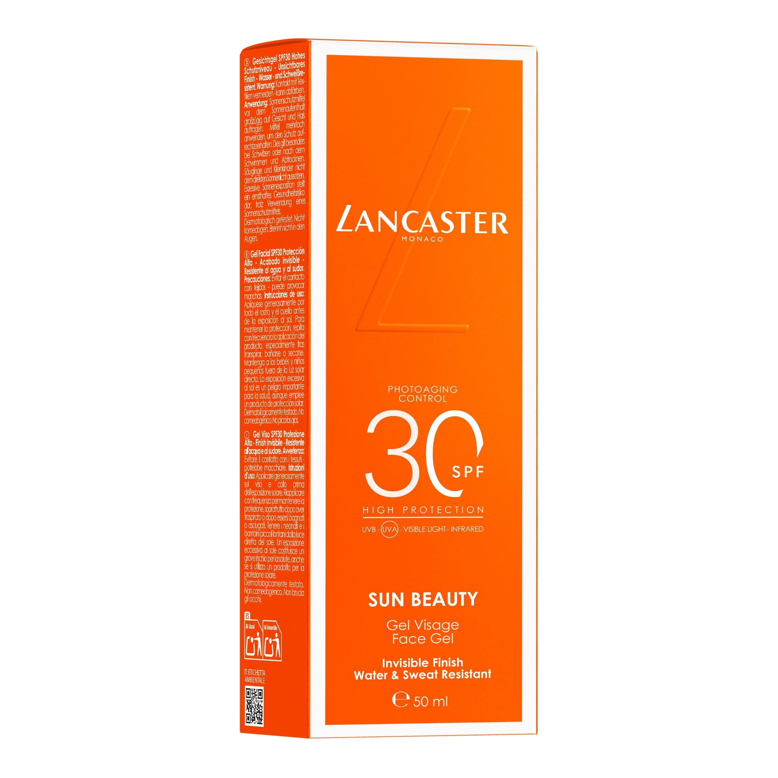 Confezione arancione con testo: "Lancaster", "30 SPF", "Sun Beauty", "Gel Visage Face Gel". E 50 ml. Resistente all'acqua e al sudore.