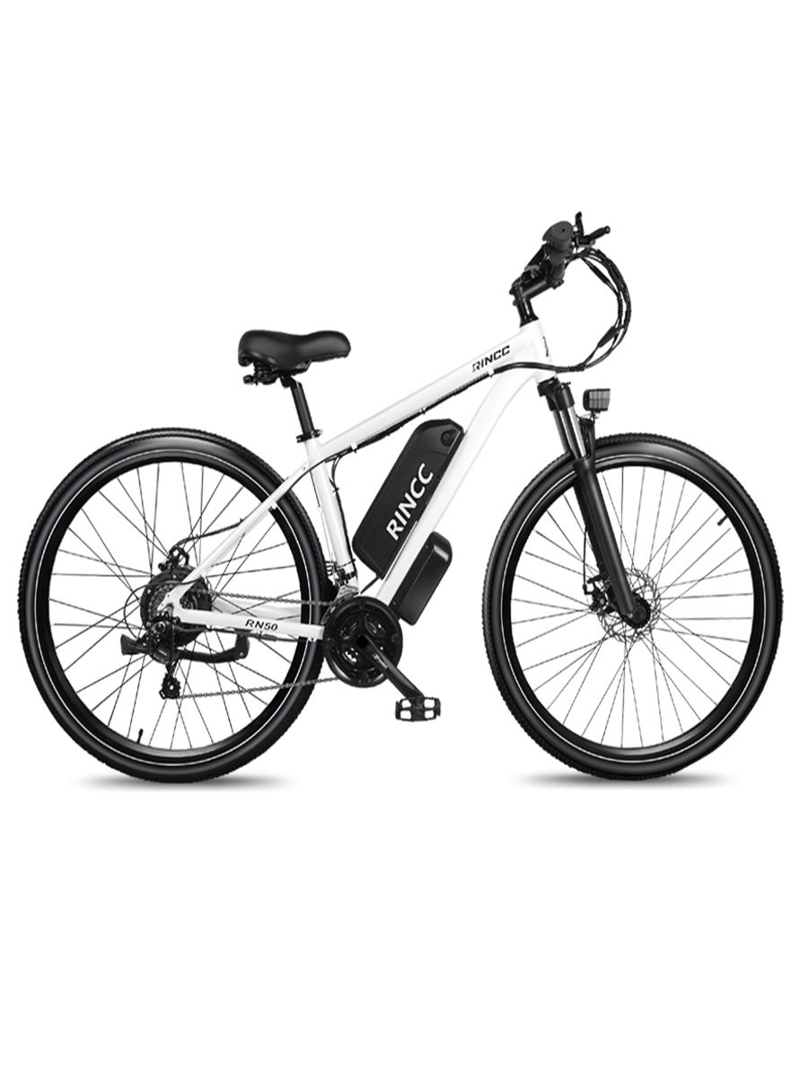 Mountain bike elettrica bianca con pneumatici neri e batteria. Marchio Rincc, modello RN50. Sella e manubrio neri.