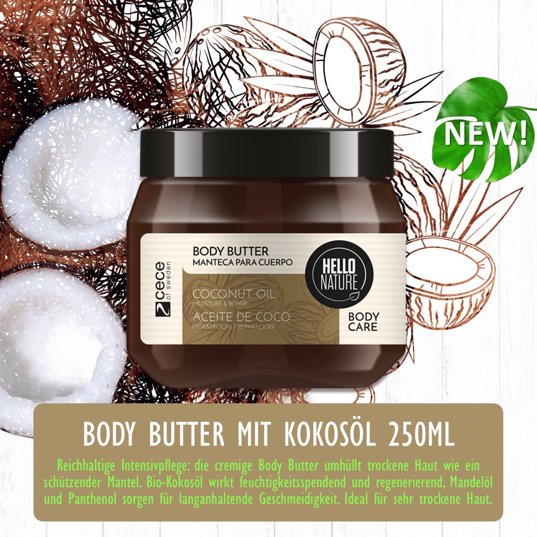 Vasetto marrone con burro corpo. Scritta: Body Butter, olio di cocco, 250ml. Con illustrazioni di cocco e logo.
