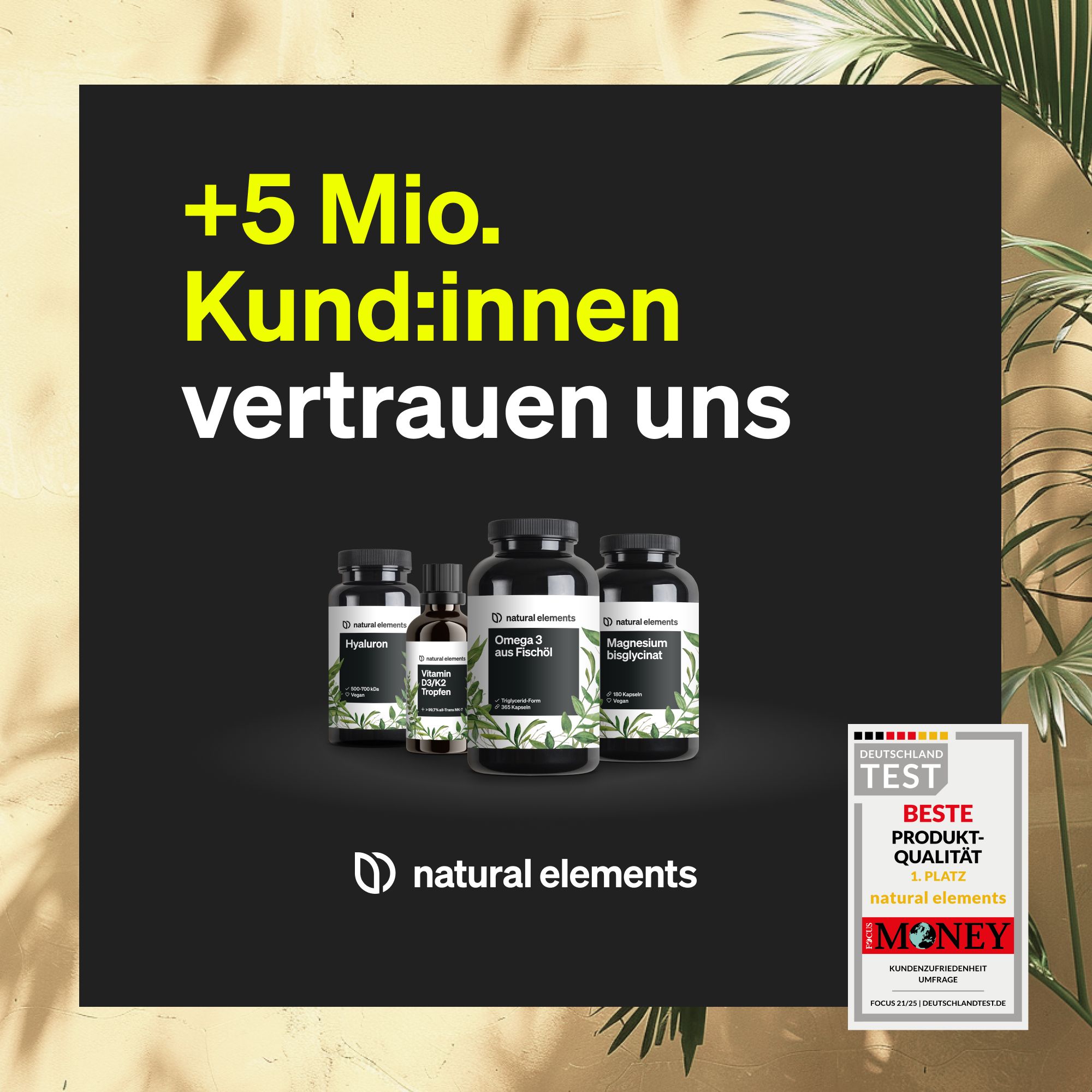 Diversi flaconi. Premium Multi, Hyaluron, Omega 3, Vitamina D3. Marchio: natural elements. Distinzione.