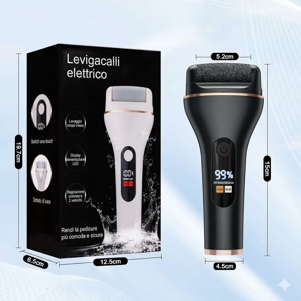Levacalli elettrico nella confezione. Corpo nero con dettagli dorati. Dimensioni: 15 cm di altezza, 4,5 cm di larghezza.