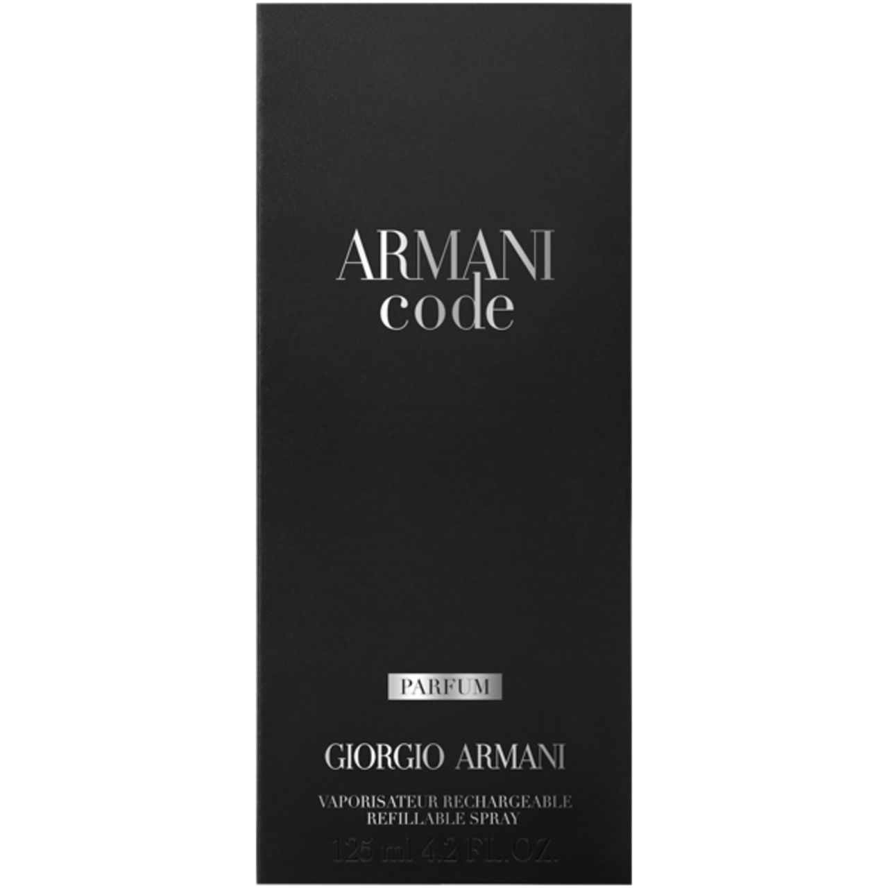 Confezione nera. Scritta: Armani Code. Sotto: Parfum. In basso: Giorgio Armani. Vista verticale.
