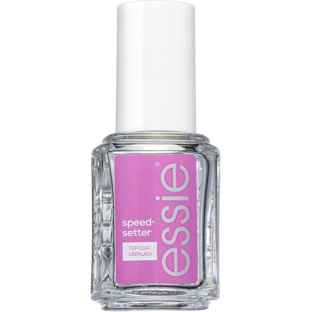 Flacone trasparente con tappo bianco ed etichetta rosa. L'etichetta riporta "essie speed-setter top coat uberlack".
