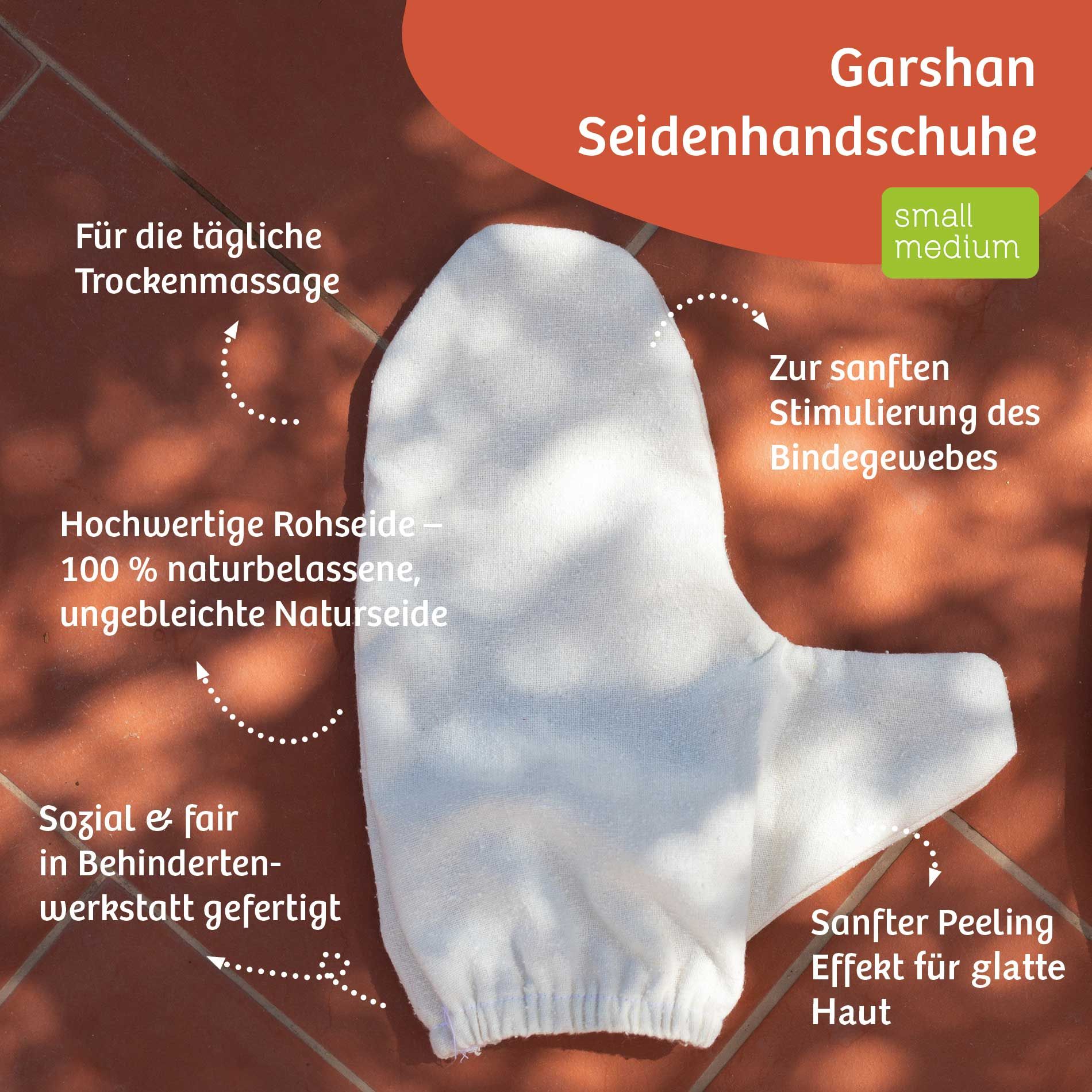 Guanto di seta Garshan small/medium in 100% seta grezza per un peeling delicato e la stimolazione del tessuto connettivo.