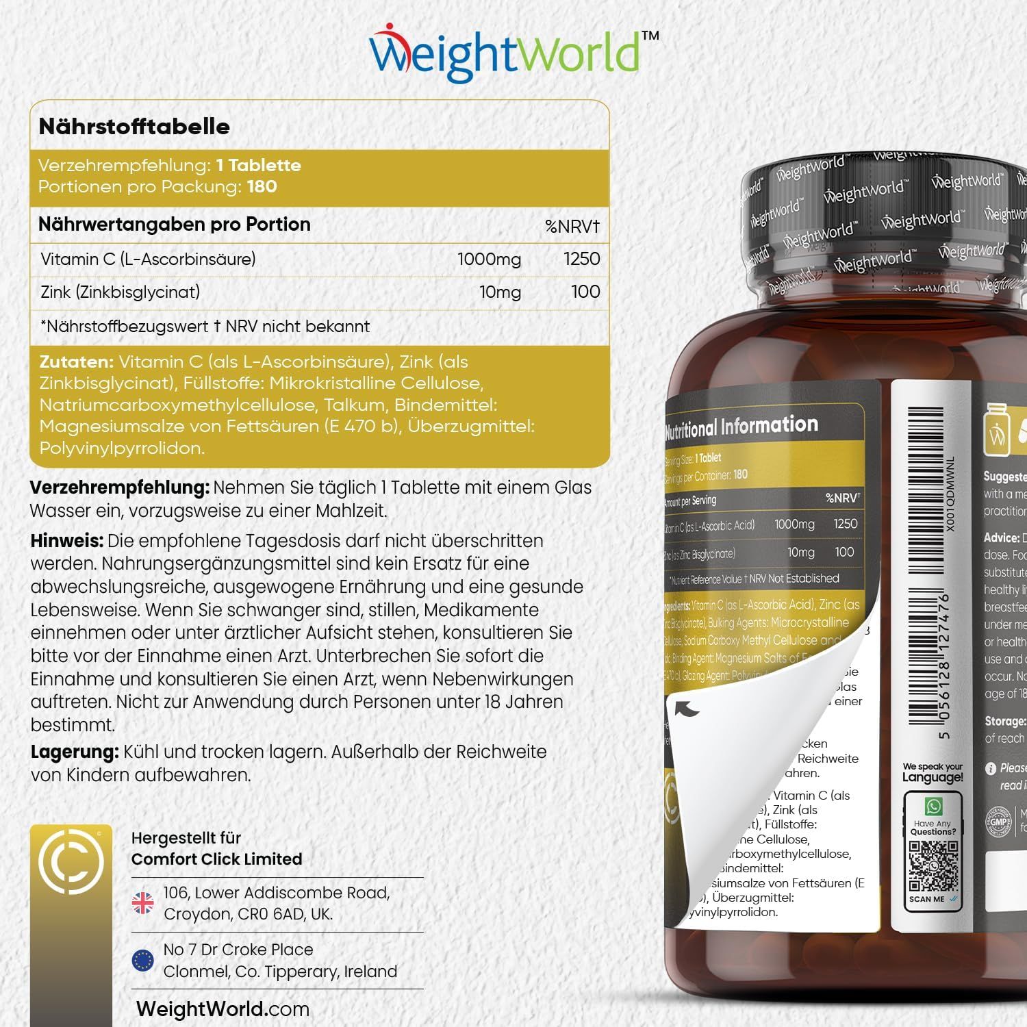 Tabella nutrizionale di Vitamina C & Zinco. Contiene vitamina C, zinco. Contiene informazioni sugli ingredienti e le raccomandazioni per l'uso.