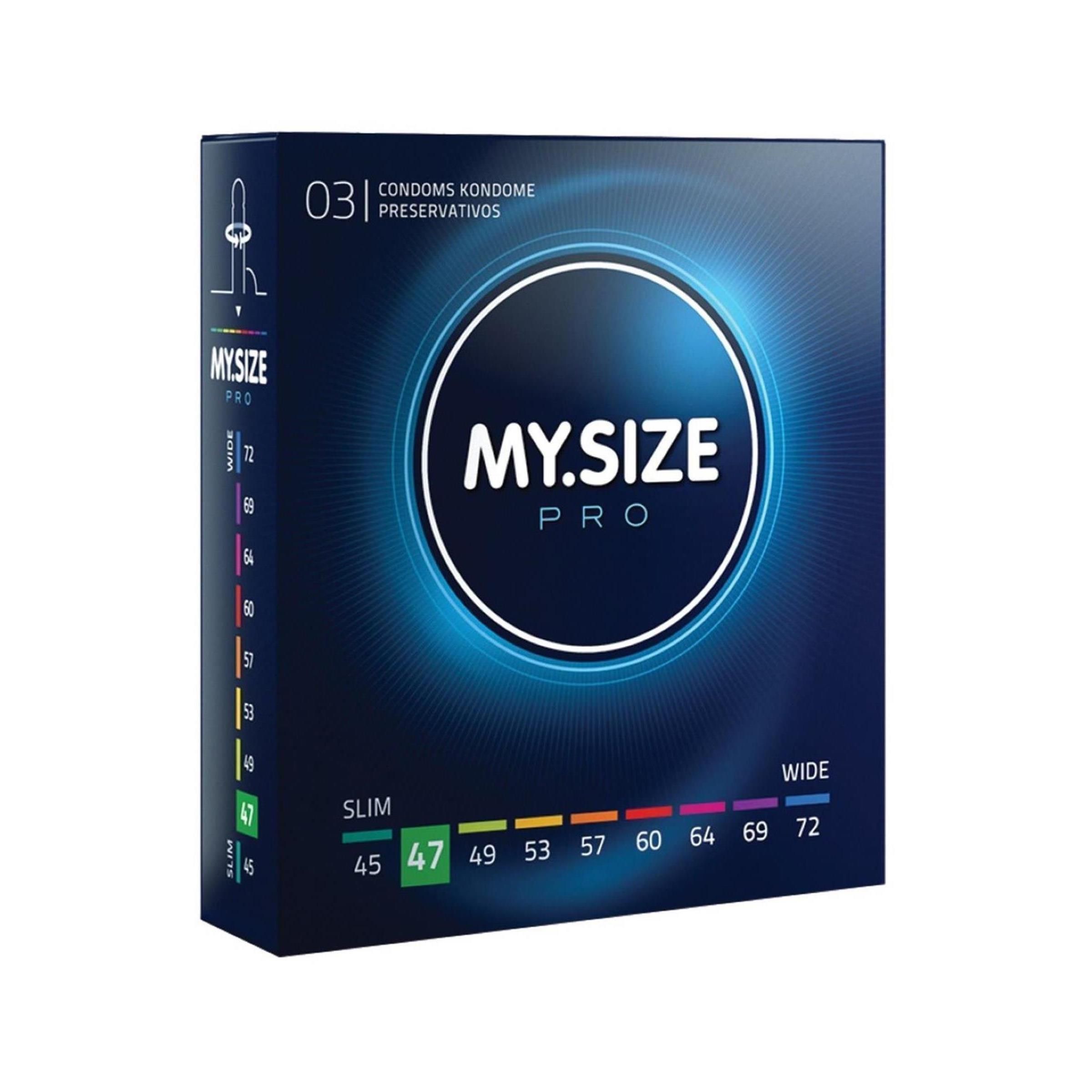 Confezione di preservativi MY.SIZE PRO. Misure da 45 a 72 mm. Indicatori colorati per le diverse taglie.