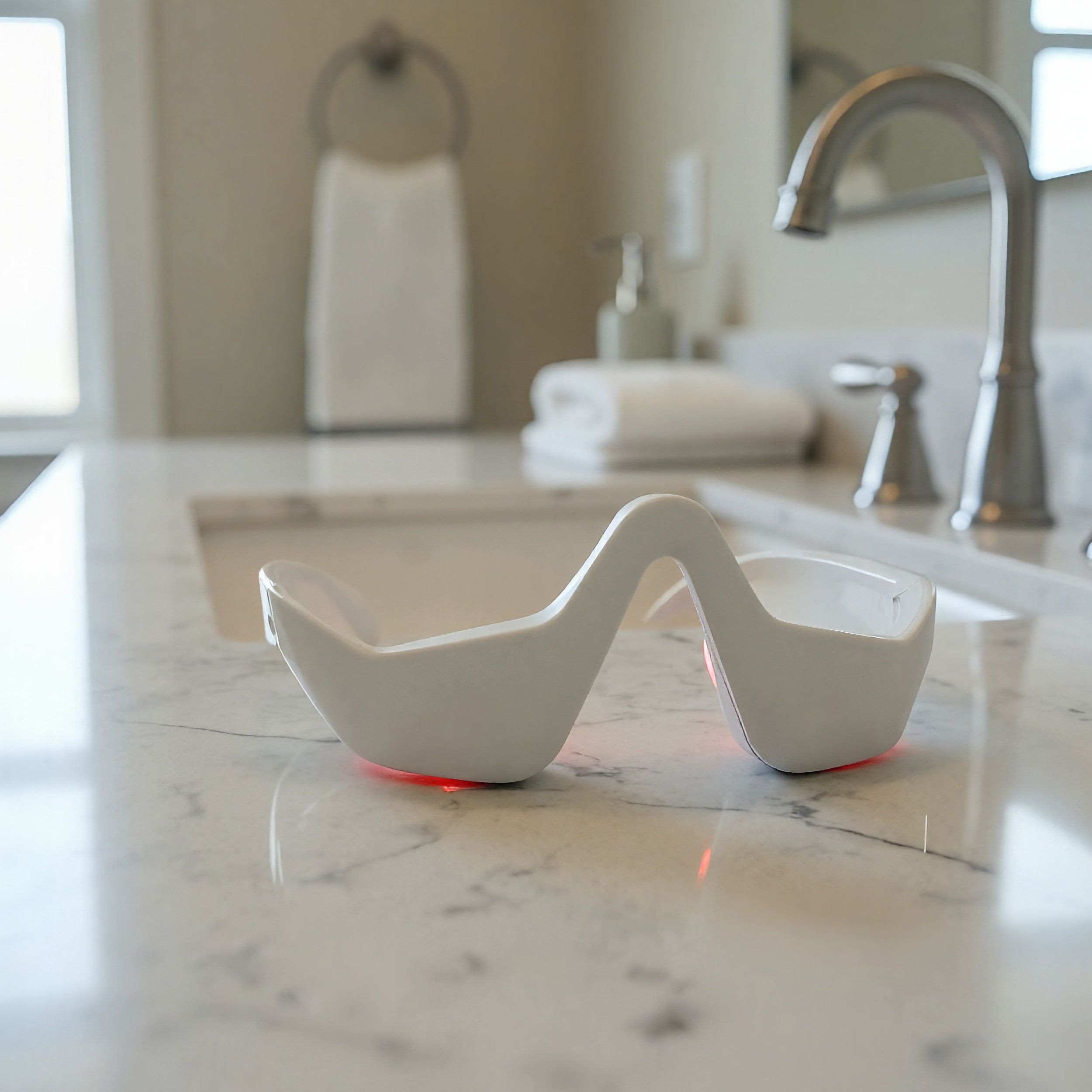 Dispositivo bianco per occhi su superficie in marmo. Luce rossa visibile. Il dispositivo ha una forma curva.