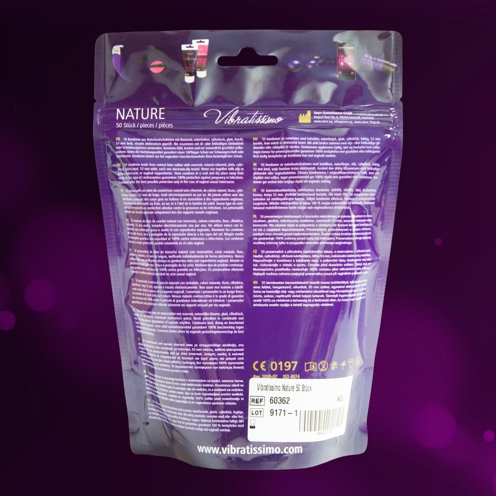 Retro della confezione Preservativi Vibratissimo Nature, 50 pezzi. CE 0197.