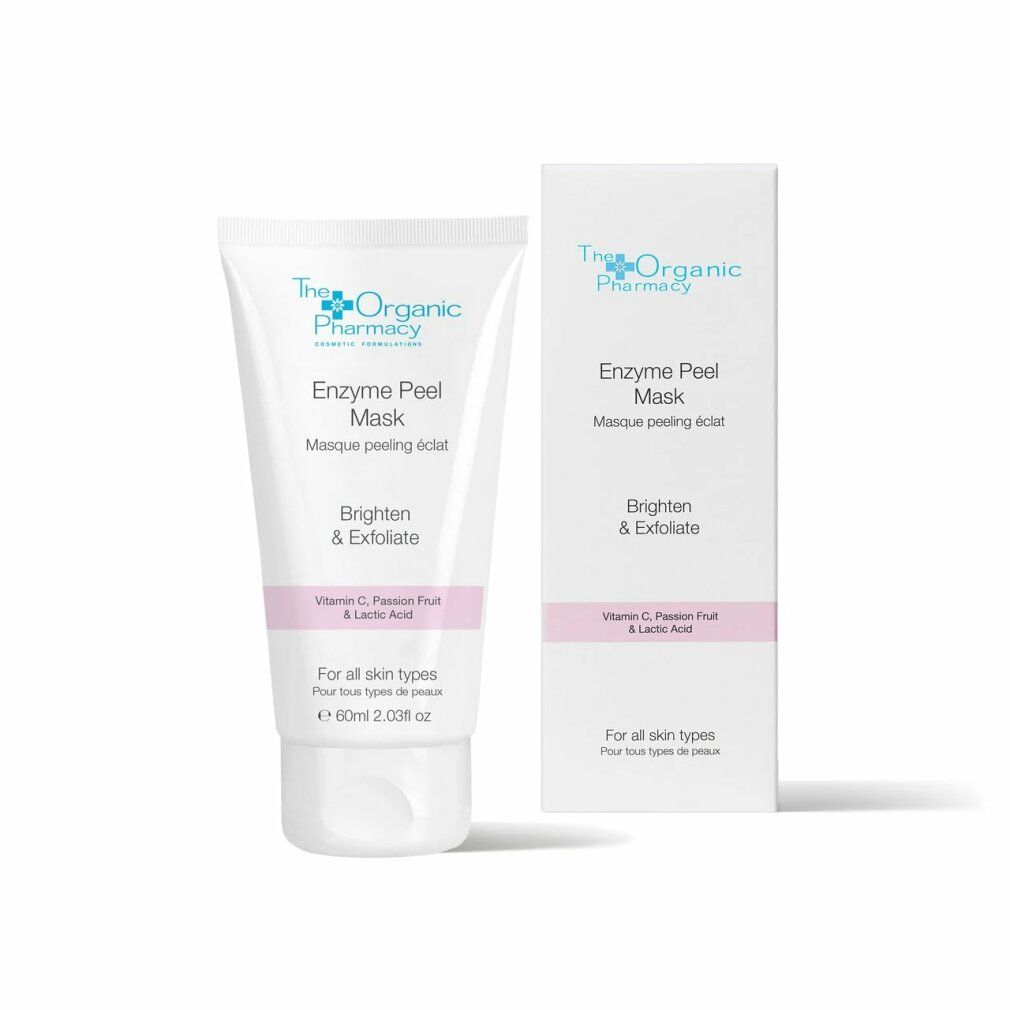 Tubo e scatola bianchi. Testo: Enzyme Peel Mask, Vitamina C, Papaya, per tutti i tipi di pelle. Ingredienti e logo del marchio.